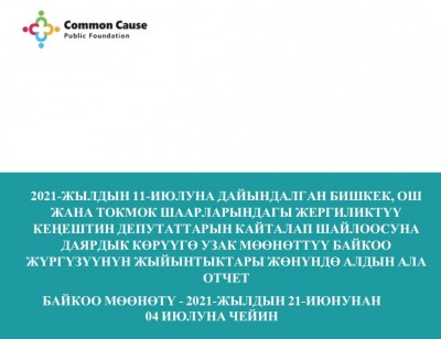 2021-ЖЫЛДЫН 11-ИЮЛУНА ДАЙЫНДАЛГАН БИШКЕК, ОШ ЖАНА ТОКМОК ШААРЛАРЫНДАГЫ ЖЕРГИЛИКТҮҮ КЕҢЕШТИН ДЕПУТАТТАРЫН КАЙТАЛАП ШАЙЛООСУНА ДАЯРДЫК КӨРҮҮГӨ УЗАК МӨӨНӨТТҮҮ БАЙКОО ЖҮРГҮЗҮҮНҮН ЖЫЙЫНТЫКТАРЫ ЖӨНҮНДӨ АЛДЫН АЛА ОТЧЕТ